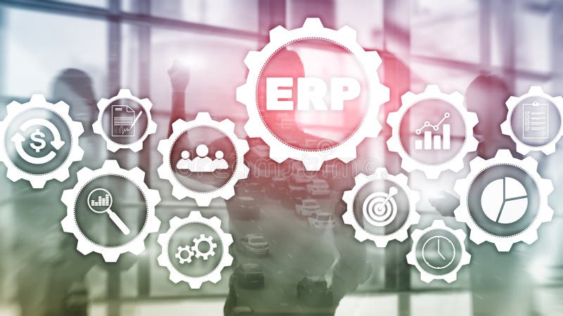 Erp-System, Unternehmensressourcenplanung auf unscharfem Hintergrund Gesch? ftsautomatisierung und Innovationskonzept lizenzfreie abbildung