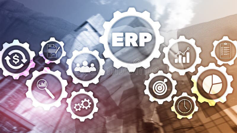 Erp-System, Unternehmensressourcenplanung auf unscharfem Hintergrund Gesch? ftsautomatisierung und Innovationskonzept vektor abbildung