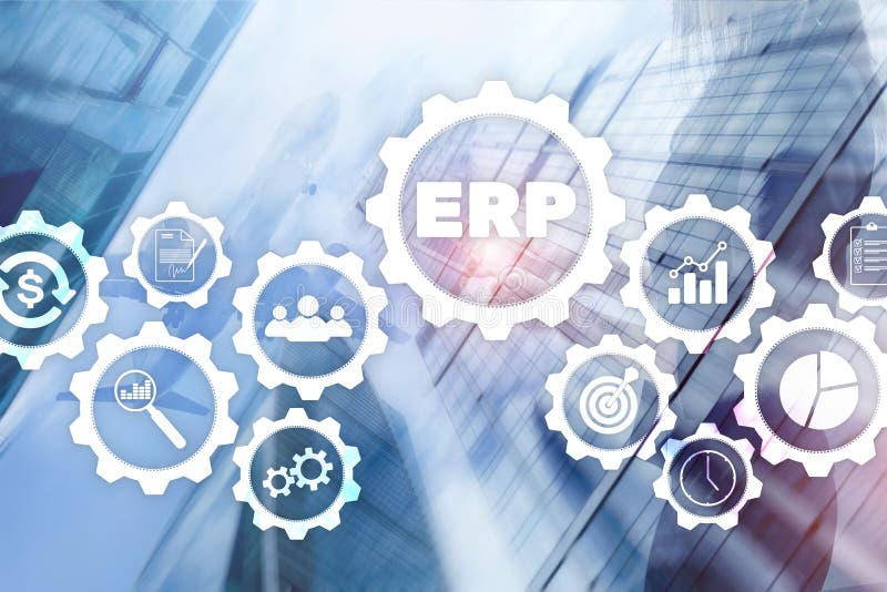Erp-System, Unternehmensressourcenplanung auf unscharfem Hintergrund Gesch? ftsautomatisierung und Innovationskonzept stock abbildung