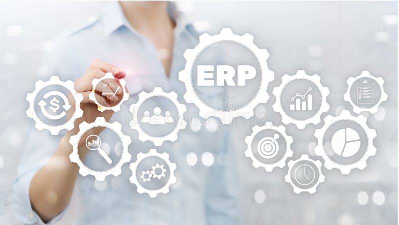 Erp-System, Unternehmensressourcenplanung auf unscharfem Hintergrund Gesch? ftsautomatisierung und Innovationskonzept stock abbildung