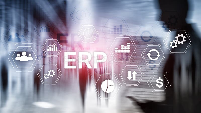 Erp-System, Unternehmensressourcenplanung auf unscharfem Hintergrund Gesch? ftsautomatisierung und Innovationskonzept stock abbildung