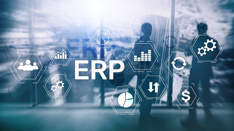Erp-System, Unternehmensressourcenplanung auf unscharfem Hintergrund Gesch? ftsautomatisierung und Innovationskonzept lizenzfreie stockfotos