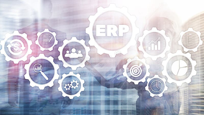 Erp-System, Unternehmensressourcenplanung auf unscharfem Hintergrund Gesch? ftsautomatisierung und Innovationskonzept lizenzfreies stockbild