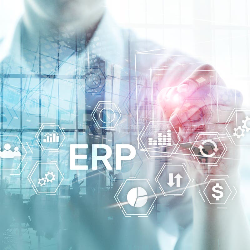 Erp-System, Unternehmensressourcenplanung auf unscharfem Hintergrund Geschäftsautomatisierung und Innovationskonzept lizenzfreies stockbild