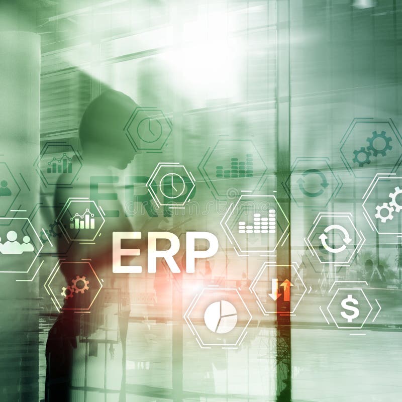 Erp-System, Unternehmensressourcenplanung auf unscharfem Hintergrund Geschäftsautomatisierung und Innovationskonzept stockfotografie