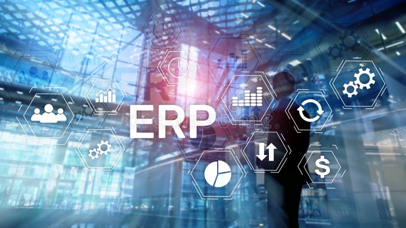 Erp-System, Unternehmensressourcenplanung auf unscharfem Hintergrund Geschäftsautomatisierung und Innovationskonzept vektor abbildung