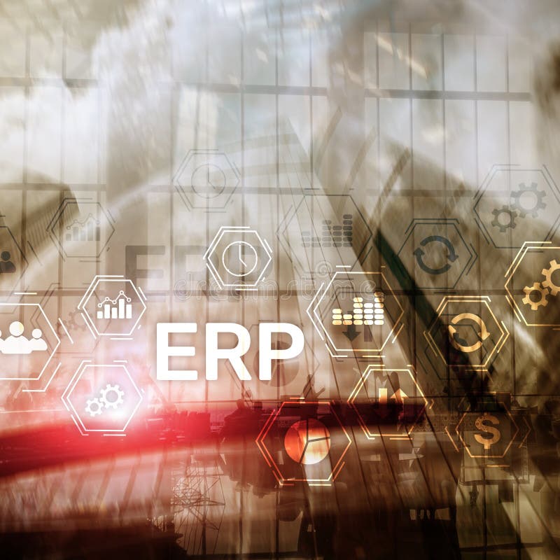 Erp-System, Unternehmensressourcenplanung auf unscharfem Hintergrund Geschäftsautomatisierung und Innovationskonzept lizenzfreie abbildung