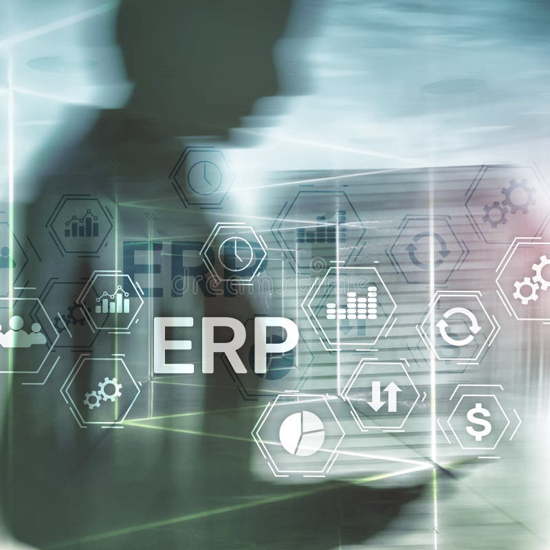 Erp-System, Unternehmensressourcenplanung auf unscharfem Hintergrund Geschäftsautomatisierung und Innovationskonzept stock abbildung