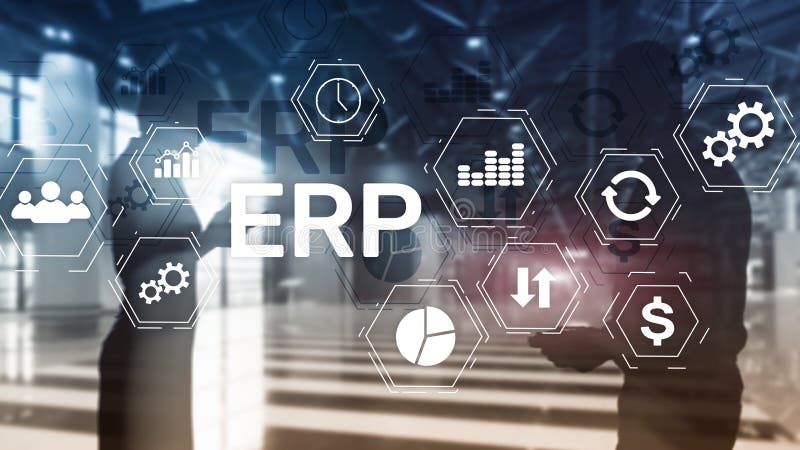 Erp-System, Unternehmensressourcenplanung auf unscharfem Hintergrund Geschäftsautomatisierung und Innovationskonzept lizenzfreie stockfotografie