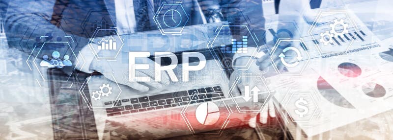 Erp-System, Unternehmensressourcenplanung auf unscharfem Hintergrund Geschäftsautomatisierung und Innovationskonzept lizenzfreie abbildung