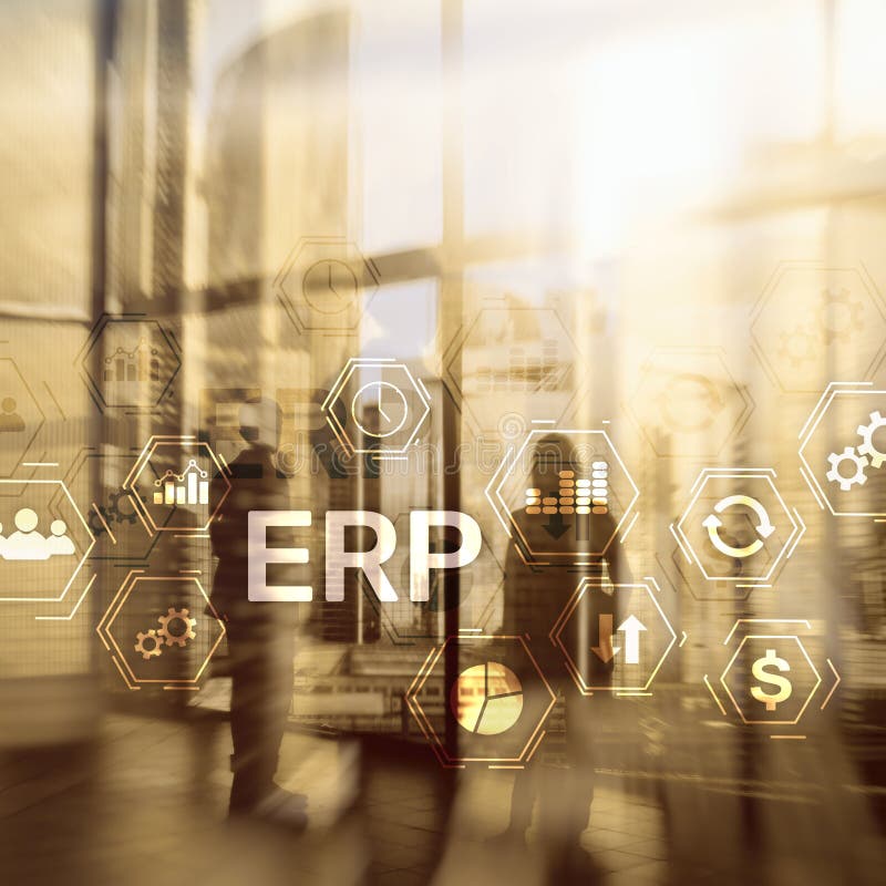 Erp-System, Unternehmensressourcenplanung auf unscharfem Hintergrund Geschäftsautomatisierung und Innovationskonzept stock abbildung