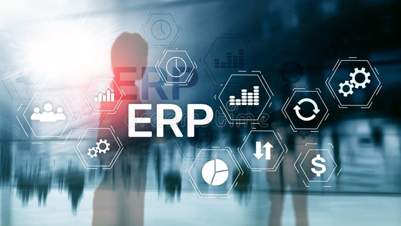 Erp-System, Unternehmensressourcenplanung auf unscharfem Hintergrund Geschäftsautomatisierung und Innovationskonzept lizenzfreie abbildung