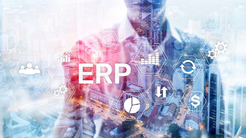 Erp-System, Unternehmensressourcenplanung auf unscharfem Hintergrund Geschäftsautomatisierung und Innovationskonzept stock abbildung