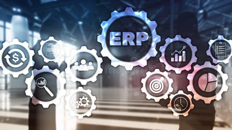 Erp-System, Unternehmensressourcenplanung auf unscharfem Hintergrund Geschäftsautomatisierung und Innovationskonzept lizenzfreie stockfotografie