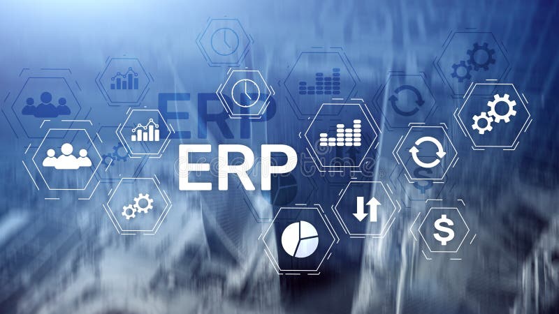 Erp-System, Unternehmensressourcenplanung auf unscharfem Hintergrund Geschäftsautomatisierung und Innovationskonzept