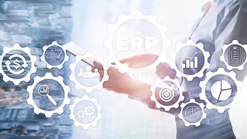Erp-System, Unternehmensressourcenplanung auf unscharfem Hintergrund Geschäftsautomatisierung und Innovationskonzept lizenzfreie abbildung
