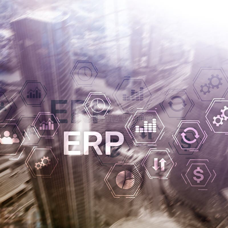 Erp-System, Unternehmensressourcenplanung auf unscharfem Hintergrund Geschäftsautomatisierung und Innovationskonzept stockfoto