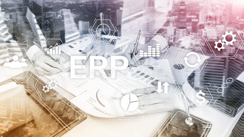Erp-System, Unternehmensressourcenplanung auf unscharfem Hintergrund Geschäftsautomatisierung und Innovationskonzept vektor abbildung