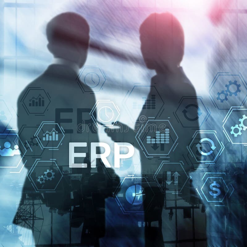 Erp-System, Unternehmensressourcenplanung auf unscharfem Hintergrund Geschäftsautomatisierung und Innovationskonzept lizenzfreie abbildung
