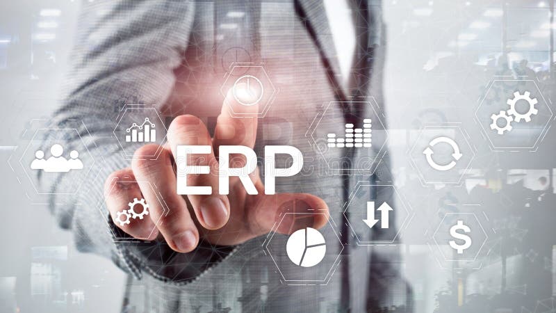 Erp-System, Unternehmensressourcenplanung auf unscharfem Hintergrund Geschäftsautomatisierung und Innovationskonzept lizenzfreie stockbilder