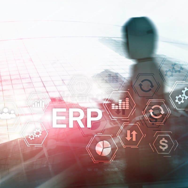 Erp-System, Unternehmensressourcenplanung auf unscharfem Hintergrund Geschäftsautomatisierung und Innovationskonzept stock abbildung