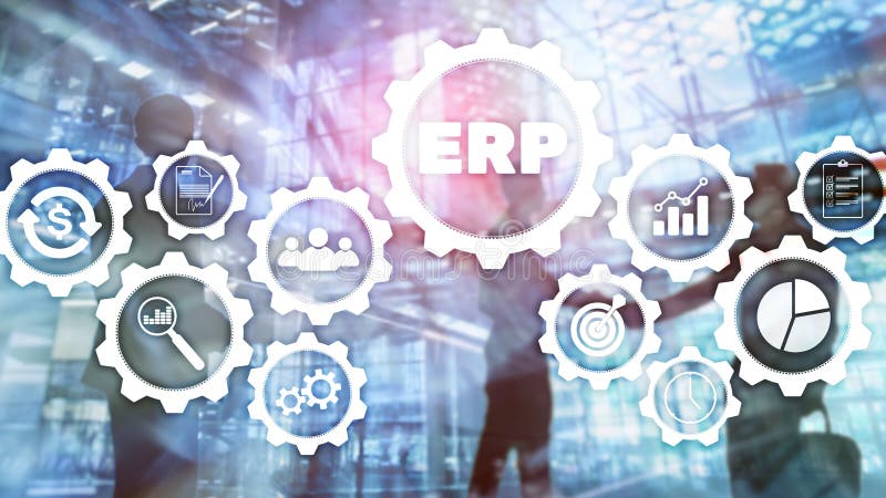 Erp-System, Unternehmensressourcenplanung auf unscharfem Hintergrund Geschäftsautomatisierung und Innovationskonzept stock abbildung