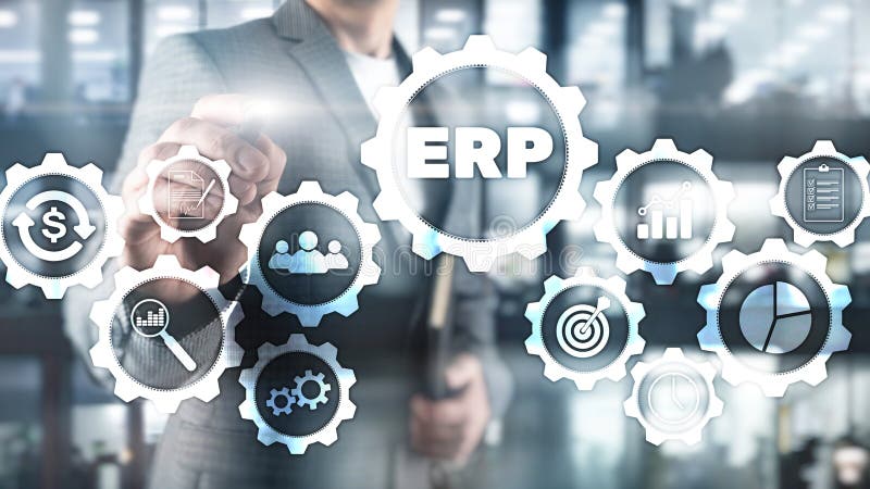Erp-System, Unternehmensressourcenplanung auf unscharfem Hintergrund Geschäftsautomatisierung und Innovationskonzept stockbilder