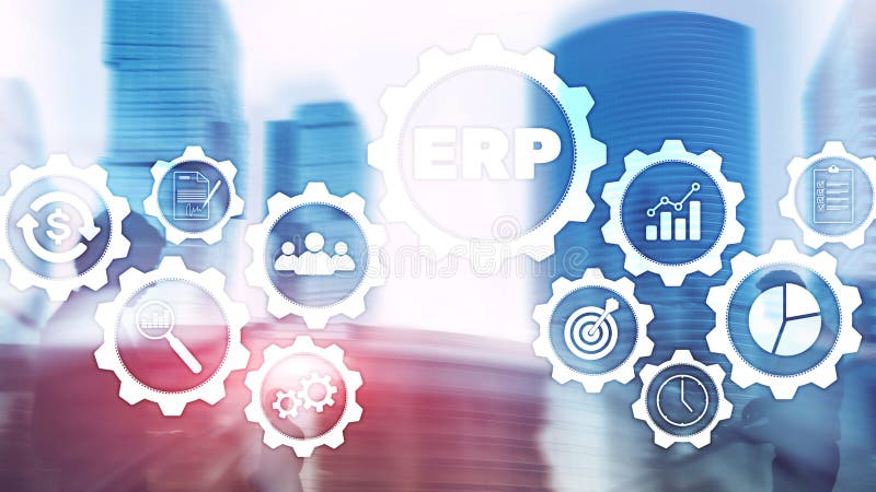 Erp-System, Unternehmensressourcenplanung auf unscharfem Hintergrund Geschäftsautomatisierung und Innovationskonzept stockbild