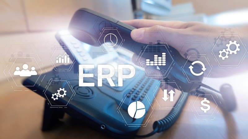 Erp-System, Unternehmensressourcenplanung auf unscharfem Hintergrund Geschäftsautomatisierung und Innovationskonzept vektor abbildung