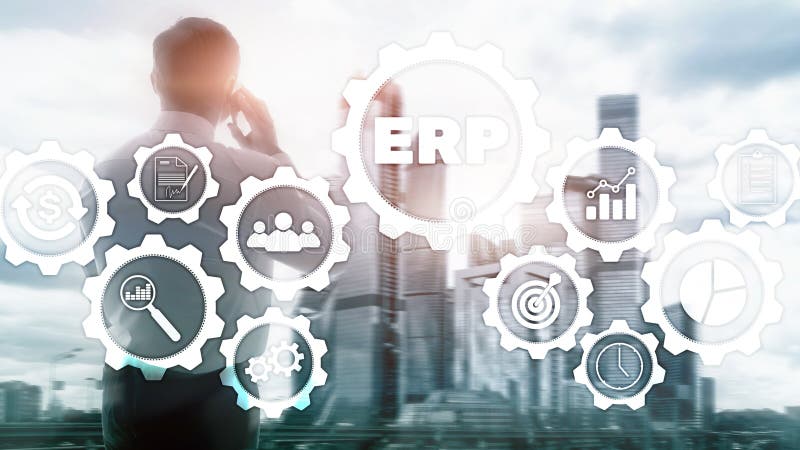 Erp-System, Unternehmensressourcenplanung auf unscharfem Hintergrund Geschäftsautomatisierung und Innovationskonzept stock abbildung
