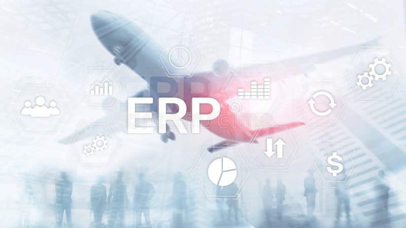 Erp-System, Unternehmensressourcenplanung auf unscharfem Hintergrund Geschäftsautomatisierung und Innovationskonzept stock abbildung