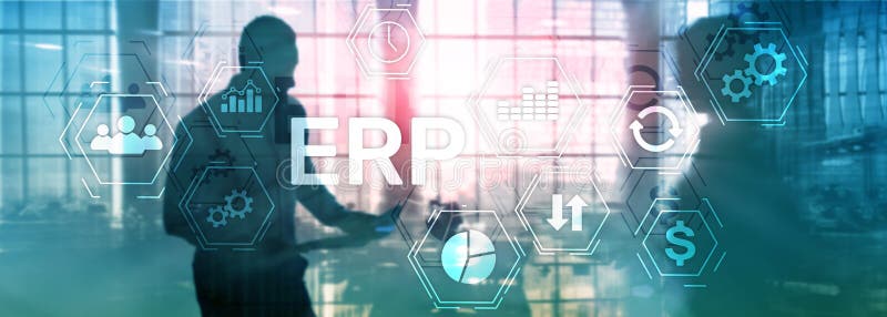 Erp-System, Unternehmensressourcenplanung auf unscharfem Hintergrund Geschäftsautomatisierung und Innovationskonzept vektor abbildung