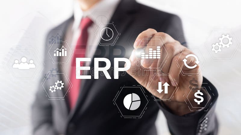 Erp-System, Unternehmensressourcenplanung auf unscharfem Hintergrund Geschäftsautomatisierung und Innovationskonzept lizenzfreie abbildung