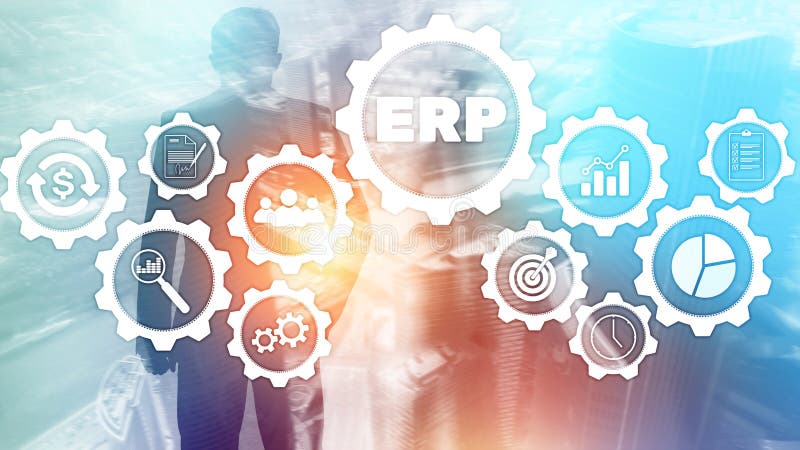 Erp-System, Unternehmensressourcenplanung auf unscharfem Hintergrund Geschäftsautomatisierung und Innovationskonzept vektor abbildung