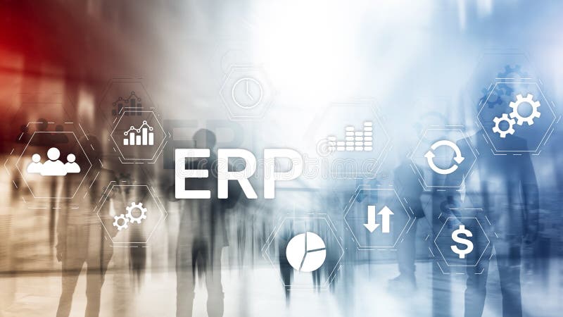 Erp-System, Unternehmensressourcenplanung auf unscharfem Hintergrund Geschäftsautomatisierung und Innovationskonzept stock abbildung