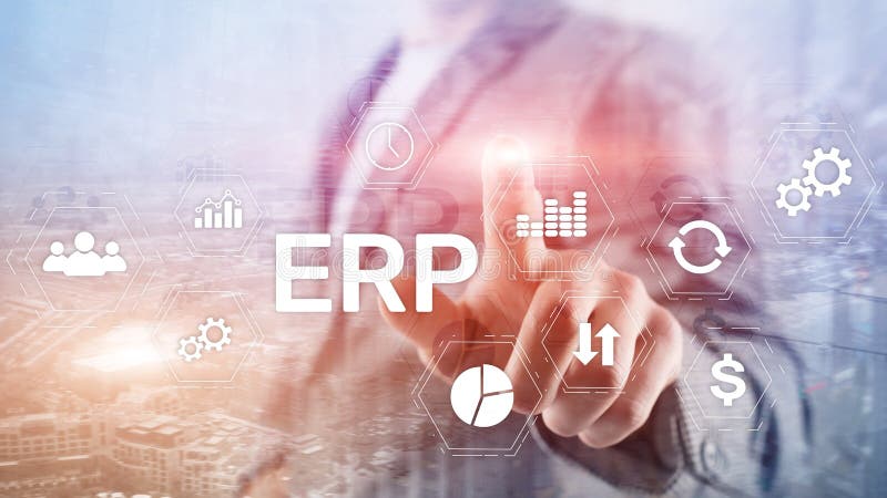 Erp-System, Unternehmensressourcenplanung auf unscharfem Hintergrund Geschäftsautomatisierung und Innovationskonzept lizenzfreies stockfoto