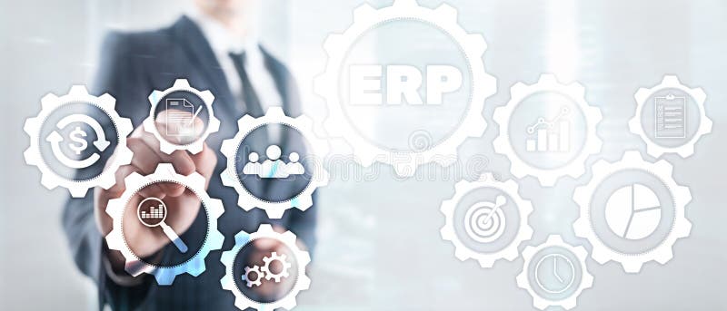 Erp-System, Unternehmensressourcenplanung auf unscharfem Hintergrund Geschäftsautomatisierung und Innovationskonzept stock abbildung