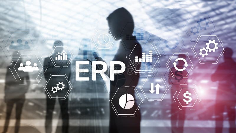 Erp-System, Unternehmensressourcenplanung auf unscharfem Hintergrund Geschäftsautomatisierung und Innovationskonzept Mädchen mit lizenzfreie stockfotos