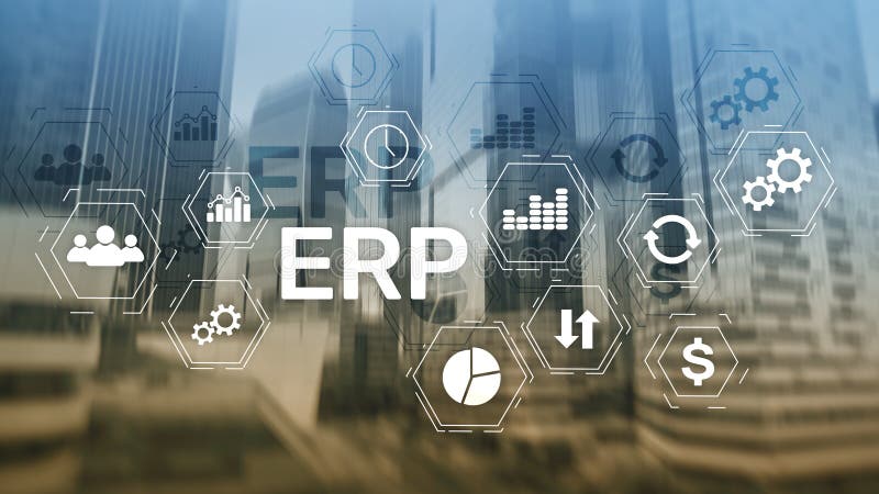 Erp-System, Unternehmensressourcenplanung auf unscharfem Hintergrund stockfotografie
