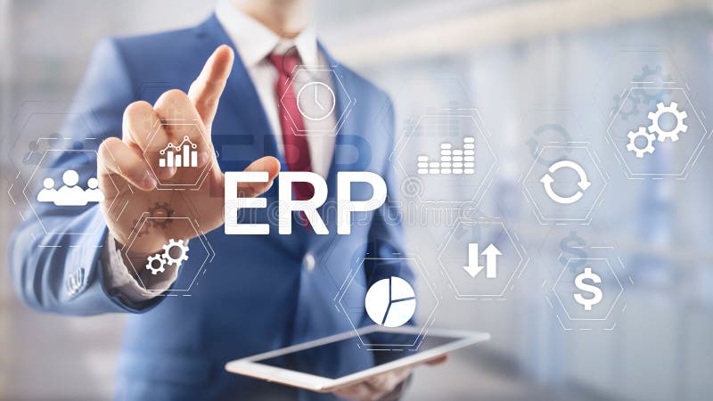 Erp-System, Unternehmensressourcenplanung auf unscharfem Hintergrund Innovationskonzept Geschäftsautomatisierung. stockbild