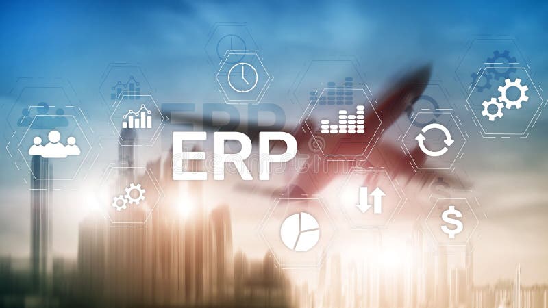 Erp-System, Unternehmensressourcenplanung auf unscharfem Hintergrund Innovationskonzept Geschäftsautomatisierung. lizenzfreie abbildung