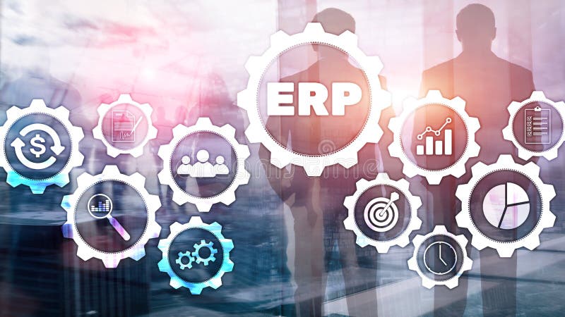 Erp-System, Unternehmensressourcenplanung auf unscharfem Hintergrund Innovationskonzept Geschäftsautomatisierung. lizenzfreie stockbilder