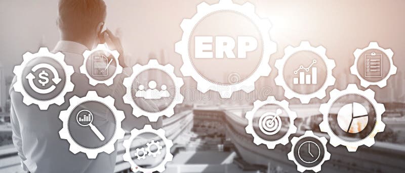 Erp-Systemunternehmens-Ressourcenplanung auf unscharfem Hintergrund. Innovationskonzept Geschäftsautomatisierung.. stockbilder