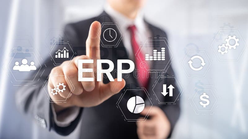 Erp-Systemunternehmens-Ressourcenplanung auf unscharfem Hintergrund. Innovationskonzept Geschäftsautomatisierung.. stockbilder
