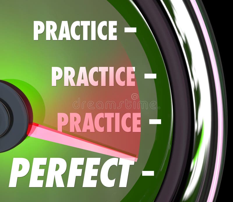Practice word repeated on a speedometer or gauge and needle hitting word Perfect to illustrate improving your performance with constant practicing. Practice word repeated on a speedometer or gauge and needle hitting word Perfect to illustrate improving your performance with constant practicing