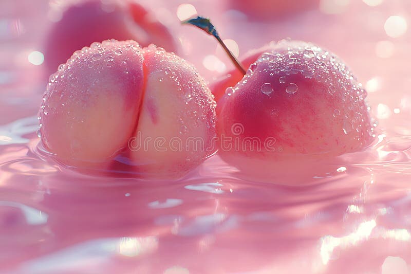 Peach Splashing Water in a Beautiful Scene. This image has been Generated by Generative Ai. A stunning close-up photograph of a ripe peach splashing water droplets, captured in a beautiful and refreshing scene. The peach glows with vibrant colors, surrounded by shimmering water in motion, creating a sense of freshness and vitality.
