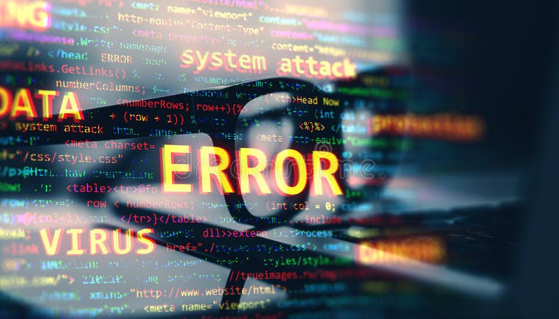 Error message with colorful code displayed on a blurry screen background, reflecting a cybersecurity concept stock images