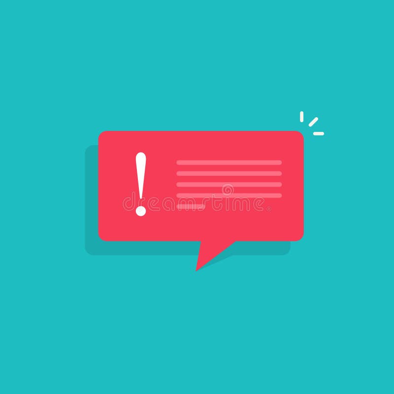 Error message vector illustration, flat cartoon exclamation alert notification on bubble speech, internet error clipart vector illustration