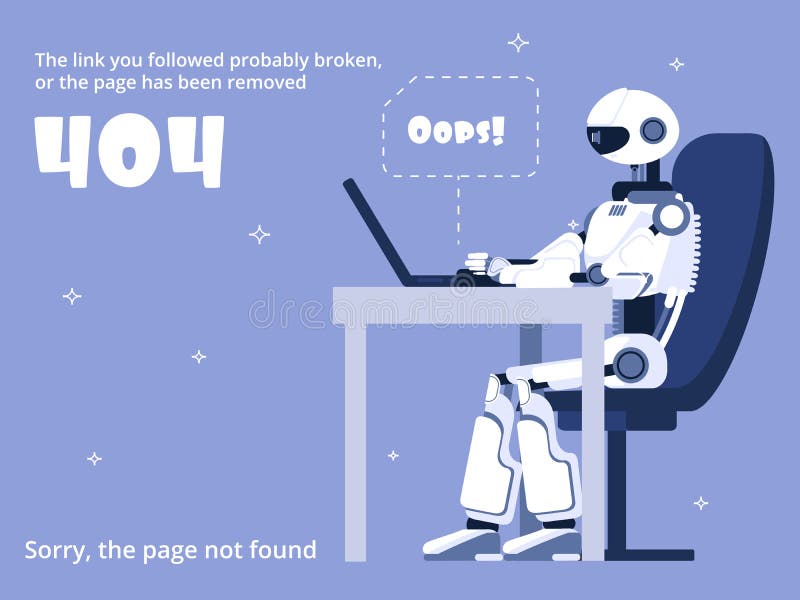 Error 404. Not found web site page with robot and warning message. Vector template stock illustration