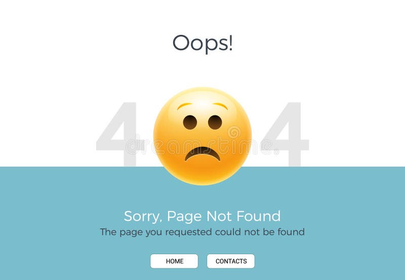404 error page not found. Emoji sad smile. Vector illustration web design of 404 site page stock illustration